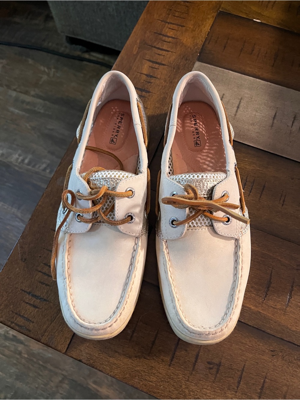Sperry Men’s Cream Boat Shoes with Tan Laces 8M